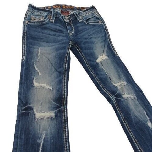 Rock Revival Priya Women’s Size 27 Straight Leg Distressed Rhinestones Jeans - Picture 7 of 12